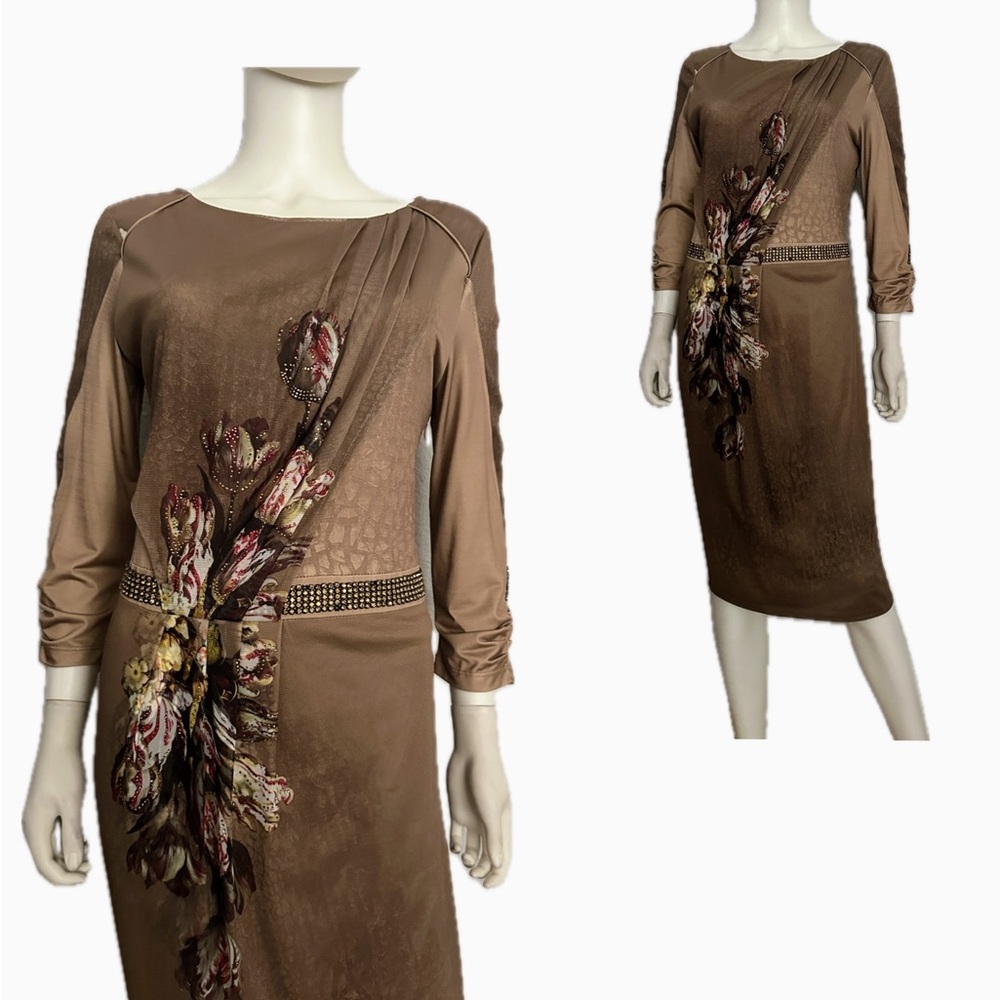 NWT 3/4 Sleeve Dress Embellished‎ Waist Knee-Length Floral Print Tulle Insert